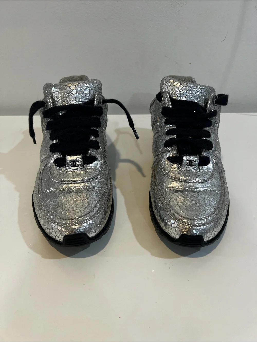 CHANEL Silver Metallic Kids Lace-Up Sneakers with Black Laces